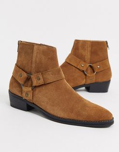 stacked heel western chelsea boots in tan suede with buckle detail