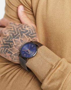 stainless steel mesh watch with blue dial in gunmetal-Black