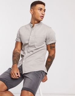 stretch slim organic denim shirt with grandad collar in gray-Grey