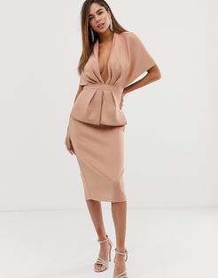 structured plunge kimono midi dress with peplum-Pink