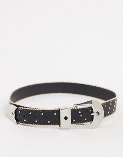 studded western waist and hip jeans belt with long tip in black