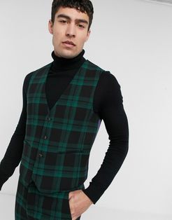 super skinny wool mix suit vest in green tartan