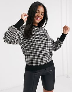 sweater with puff shoulder in check print-Multi