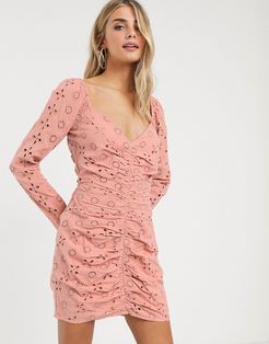 sweetheart neck ruched front mini dress in broderie in dusky pink