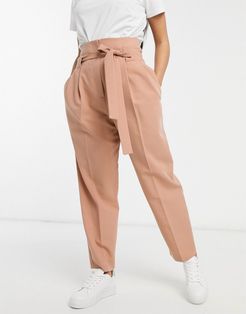 tailored tie waist tapered ankle grazer pants-Beige