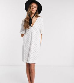 ASOS DESIGN Tall broderie puff sleeve v front mini swing dress in white