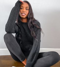 ASOS DESIGN Tall crew neck fluffy sweater with balloon sleeve-Black