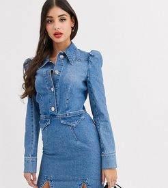 ASOS DESIGN Tall denim mini western shirt dress with puff sleeve-Blue