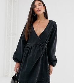 ASOS DESIGN Tall denim wrap smock mini dress in black