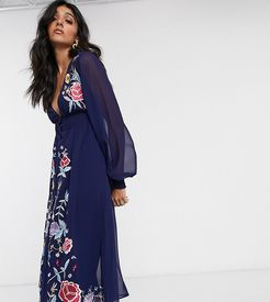 ASOS DESIGN Tall embroidered long sleeve button through midi dress with shirred waist in navy-Blues