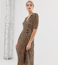 ASOS DESIGN Tall exclusive leopard print plisse midi dress with button detail-Multi