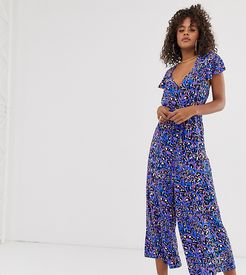 ASOS DESIGN Tall frill sleeve jumpsuit with cut out back in animal print-Multi