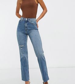 ASOS DESIGN Tall high rise stretch 'effortless' crop kick flare jeans in midwash with thigh rip-Blues