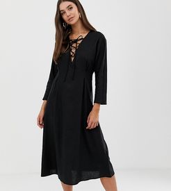 ASOS DESIGN Tall Lace Up midi dress in linen-Black
