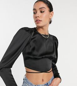 ASOS DESIGN Tall long sleeve satin top with seam detail in black