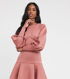 ASOS DESIGN Tall long sleeve seamed pep hem mini dress with open back in rose-Pink