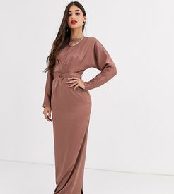 ASOS DESIGN Tall maxi dress with batwing sleeve and wrap waist in satin-Pink