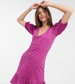 ASOS DESIGN Tall mini tea dress with button through detail in purple with black polka dot