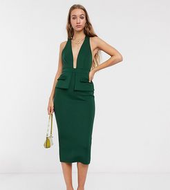 ASOS DESIGN Tall plunge pocket detail midi dress with tie detail in forest green