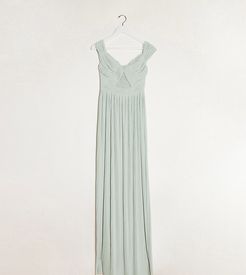 ASOS DESIGN Tall premium lace and pleat off-the-shoulder maxi dress in sage-Neutral