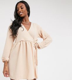 ASOS DESIGN Tall smock oversized mini wrap dress in camel-Brown