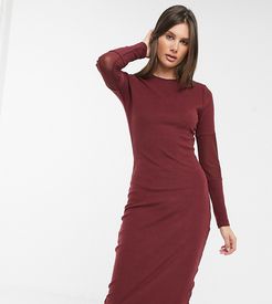 ASOS DESIGN Tall super soft bodycon midi with mesh insert sleeve dress in oxblood-Red