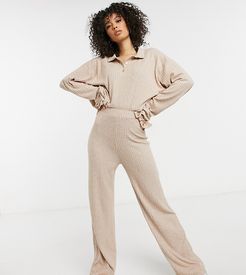 ASOS DESIGN Tall tracksuit with polo top and wide leg pants in brushed rib oatmeal-Beige