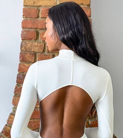 ASOS DESIGN Tall turtleneck open back bodysuit with long sleeve in rib in cream-White