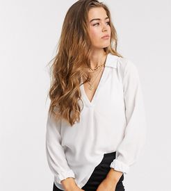 ASOS DESIGN Tall v neck blouse with collar detail in ivory-White