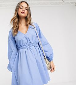 ASOS DESIGN Tall v neck cotton poplin elasticated waist mini dress in blue-Blues