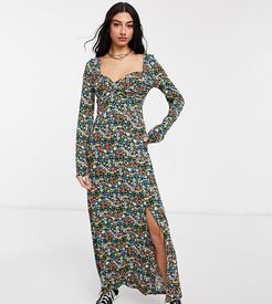 ASOS DESIGN Tall wrap front long sleeve split front maxi in bright ditsy floral print-Multi