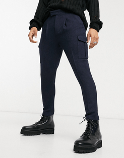 tapered wool-blend cargo smart pant-Navy