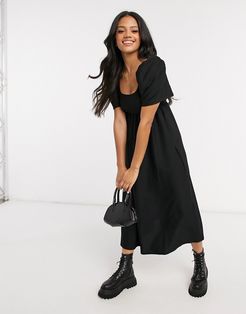 textured midi scoop neck smock dress in black