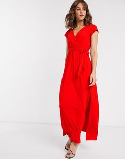 tie waist wrap front maxi dress in red