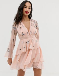 tiered ruffle mini dress with embroidery and waist detail-Pink
