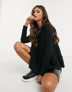 tiered smock with long sleeve-Black