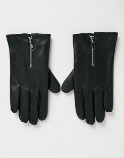 touchscreen gloves in faux leather with zip detail-Black
