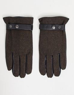 touchscreen leather driving gloves in brown with herringbone detail