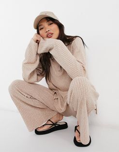 tracksuit with polo top and wide leg pants in brushed rib oatmeal-Beige