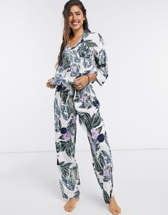 tropical long sleeve shirt & pants pyjama set in green & purple-Multi