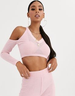 two-piece cold shoulder v neck sweater in mesh stitch-Pink