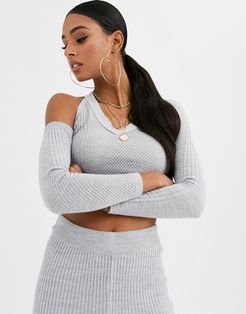 two-piece cold shoulder v neck sweater in mesh stitch-Grey