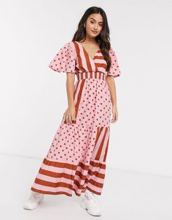 v front v back maxi dress with shirred waist in spot and stripe print-Multi
