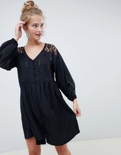v neck button through mini smock dress with long sleeves and lace inserts-Black