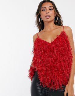 v neck feather cami-Red