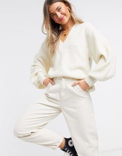 v neck fluffy sweater-White