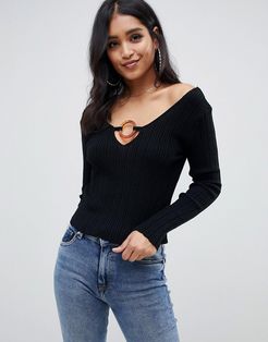 v neck sweater with ring detail-Black