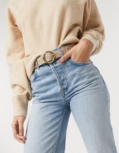 waist and hip jean belt in square weave with twist circle buckle in beige