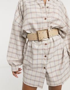 wide double prong waist belt in beige