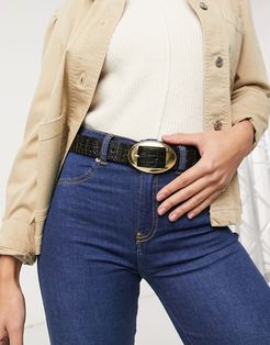 waist and hip jeans belt with oval buckle in black croc